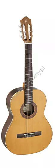 Gitara klasyczna Ortega R190G hiszpańska lity cedr i caoba połysk front w pionie.