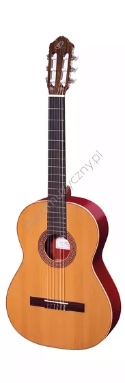 Gitara klasyczna leworęczna Ortega R200L hiszpańska lity cedr i palo-rojo front w pionie.