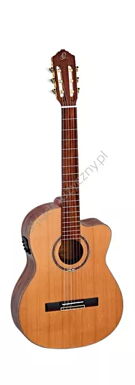 Gitara elektro-klasyczna Ortega RCE159MN top lity cedr korpus orzech front w pionie.