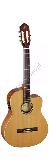 Gitara elektro-klasyczna Ortega RCE131SN wąski gryf top lity cedr front w pionie.