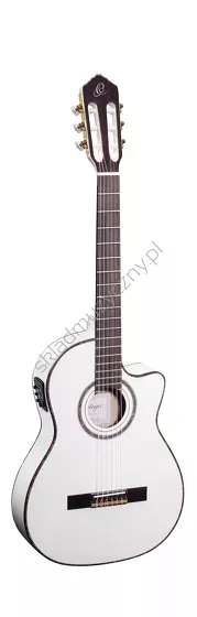 Gitara elektro-klasyczna Ortega RCE145WH biała top lity świerk thinline front w pionie.