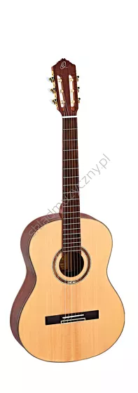 Gitara klasyczna Ortega R158SN wąski gryf lity top naturalna front w pionie.