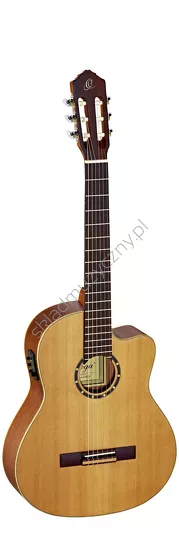 Gitara elektro-klasyczna Ortega RCE131 top lity cedr front w pionie.