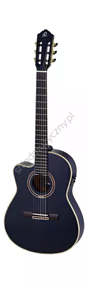 Gitara elektro-klasyczna leworęczna Ortega RCE138-T4BK-L czarna thinline front w pionie.