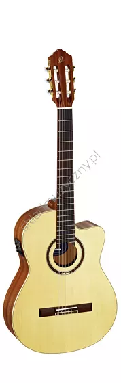 Gitara elektro-klasyczna Ortega RCE138SN top lity świerk wąski gryf front w pionie.