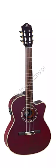 Gitara elektro-klasyczna Ortega RCE138-T4STR czerwona thinline front w pionie.
