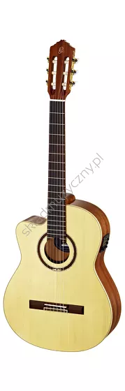 Gitara elektro-klasyczna leworęczna Ortega RCE138SN-L top lity świerk wąski gryf front w pionie.