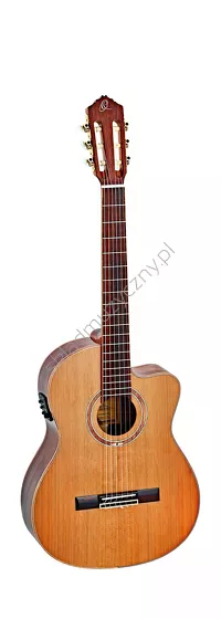 Gitara elektro-klasyczna Ortega RCE159SN wąski gryf front w pionie.