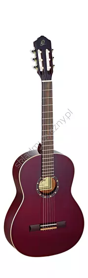 Gitara klasyczna Ortega R131SN-WR czerwona wąski gryf top lity cedr front w pionie.