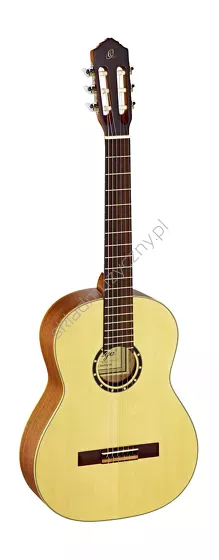 Gitara klasyczna Ortega R121SN wąski gryf front w pionie.