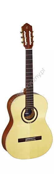 Gitara klasyczna Ortega R138SN top lity świerk wąski gryf front w pionie.