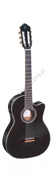 Gitara Ortega RCE145BK czarna top lity świerk thinline front w pionie.