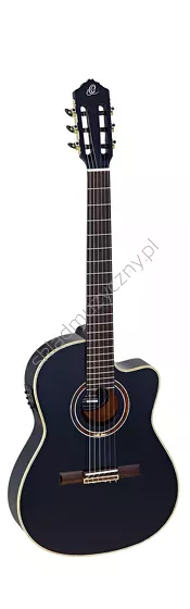 Gitara elektro-klasyczna Ortega RCE138-T4BK czarna thinline front w pionie.