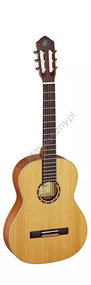 Gitara klasyczna Ortega R131SN wąski gryf top lity cedr front w pionie.