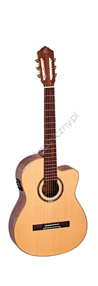 Gitara elektro-klasyczna Ortega RCE158SN wąski gryf lity top naturalna front w pionie.