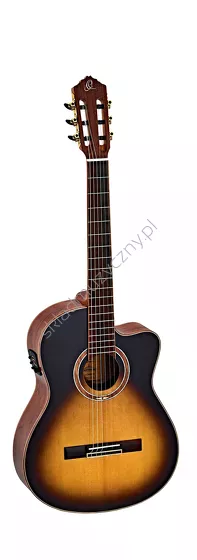 Gitara elektro-klasyczna Ortega RCE158SN-TSB wąski gryf lity top podpalana front w pionie.