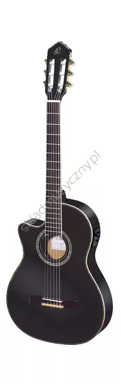 Gitara elektro-klasyczna leworęczna Ortega RCE145LBK czarna top lity świerk thinline front w pionie.